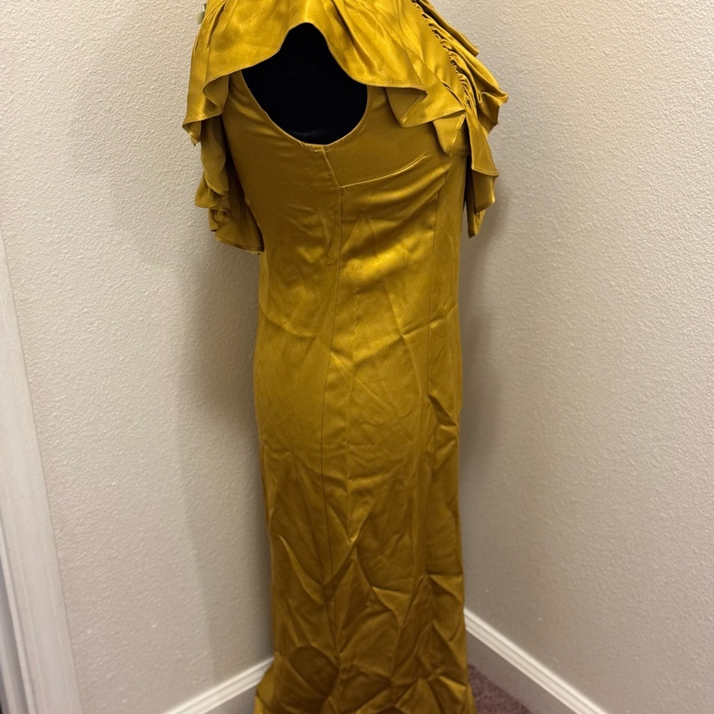 Anthropologie Seen Worn Kept Satin Ruffle Midi Dress Sleeveless Gold Yellow 2 - Picture 5 of 8